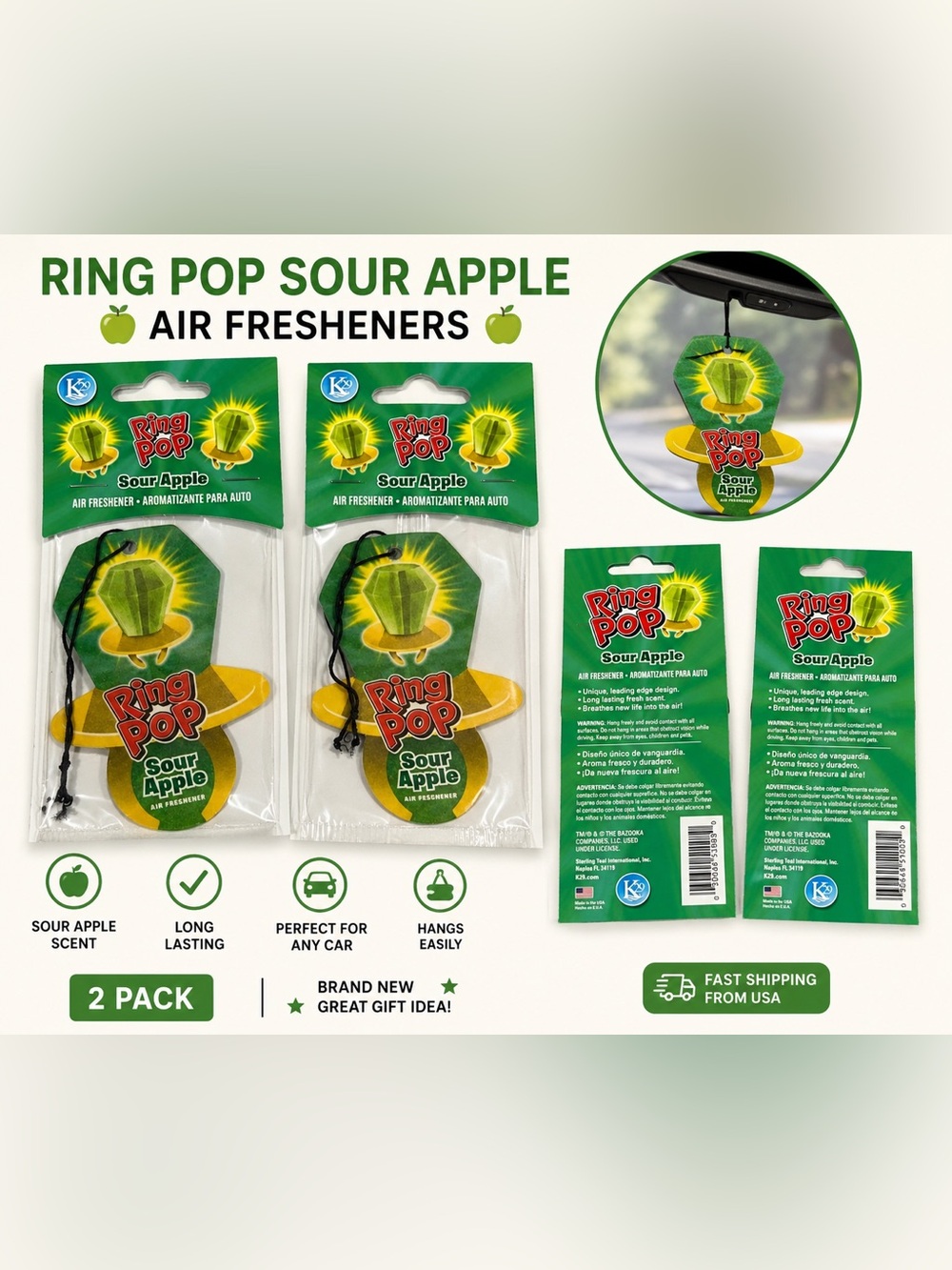 2-Pack Ring Pop Sour Apple Car Air Fresheners – New